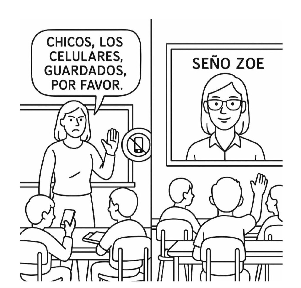 Seño Zoe y el aula real, entre la prohibición de celulares y la promesa de la IA